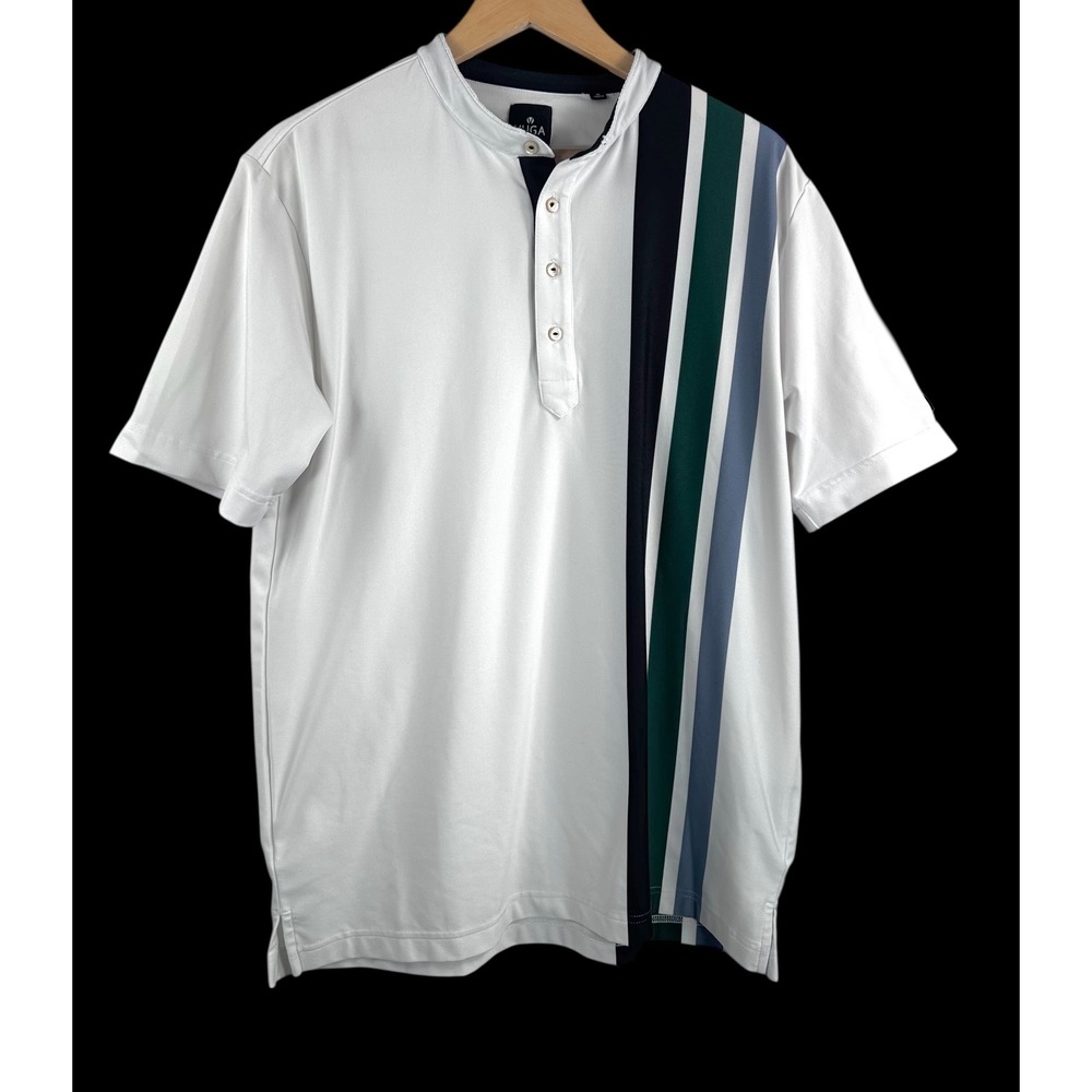 VUGA Polo Shirt sz M White Vertical Stripe performance athleisure golf outdoor